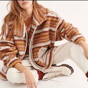 Free People RARE Golden Hour Fleece Dolman Jacket Coat Aztec Printed SMALL Boho